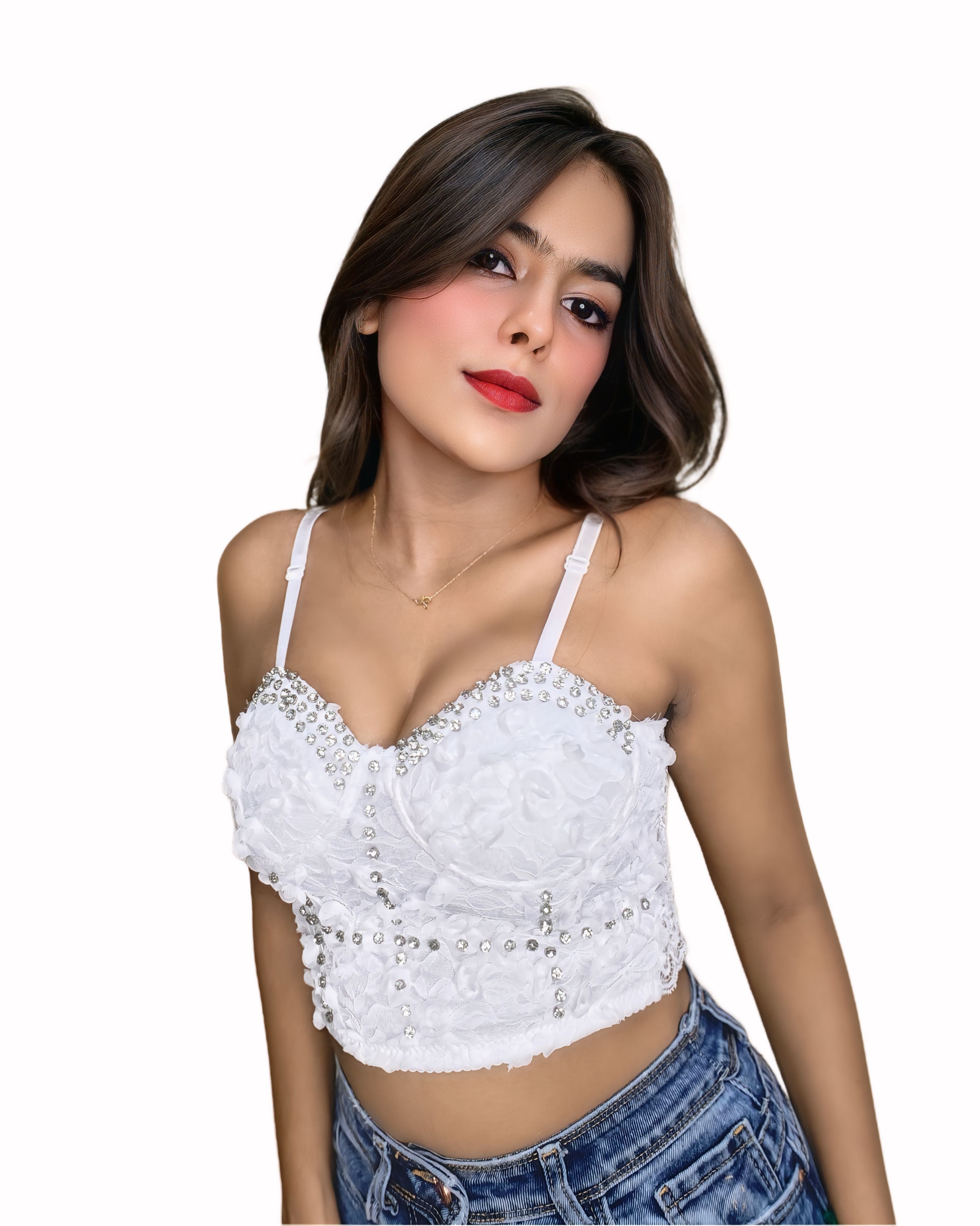 Steeve Pearl Detail Statement Top With White Feathers