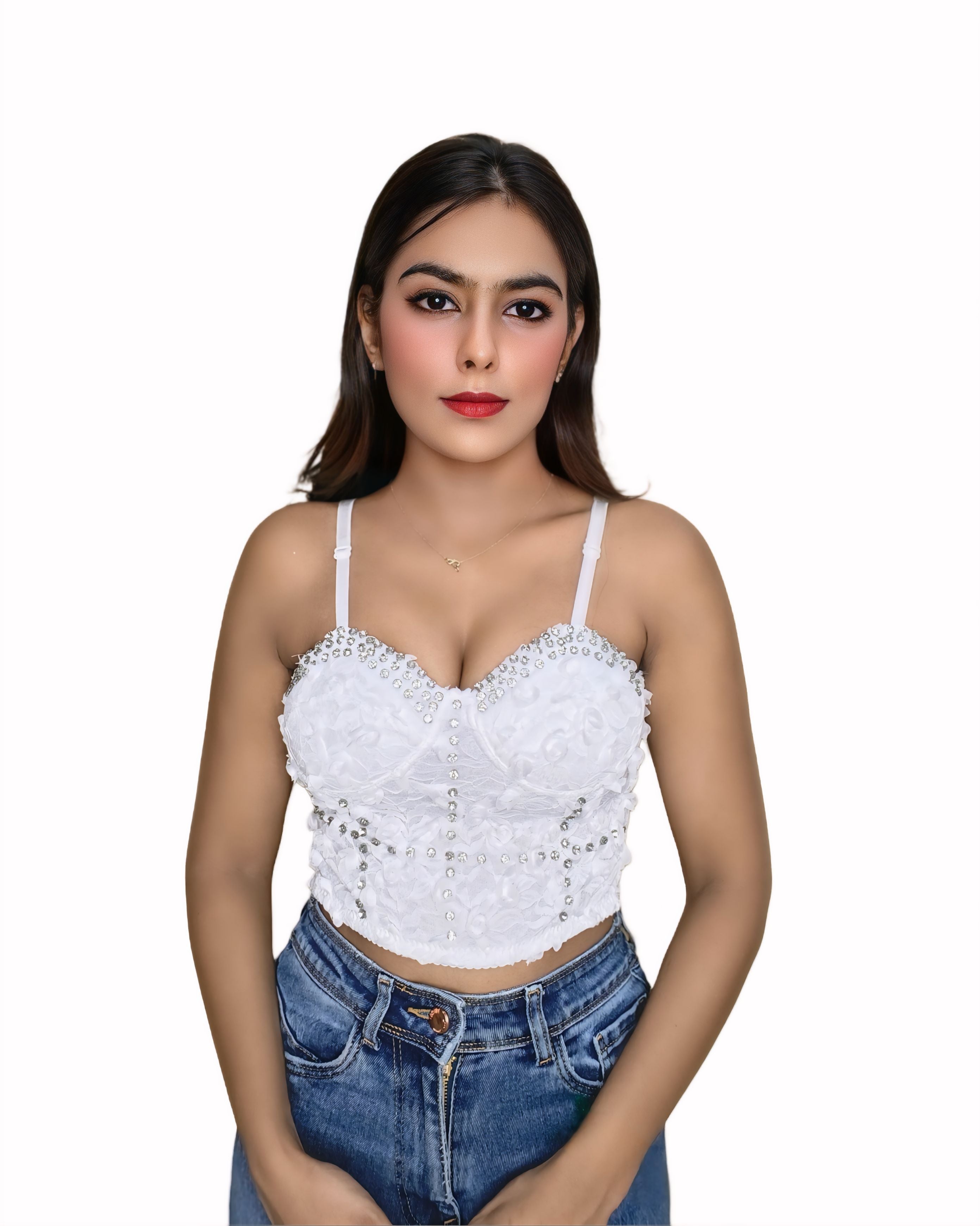 Steeve Pearl Detail Statement Top With White Feathers