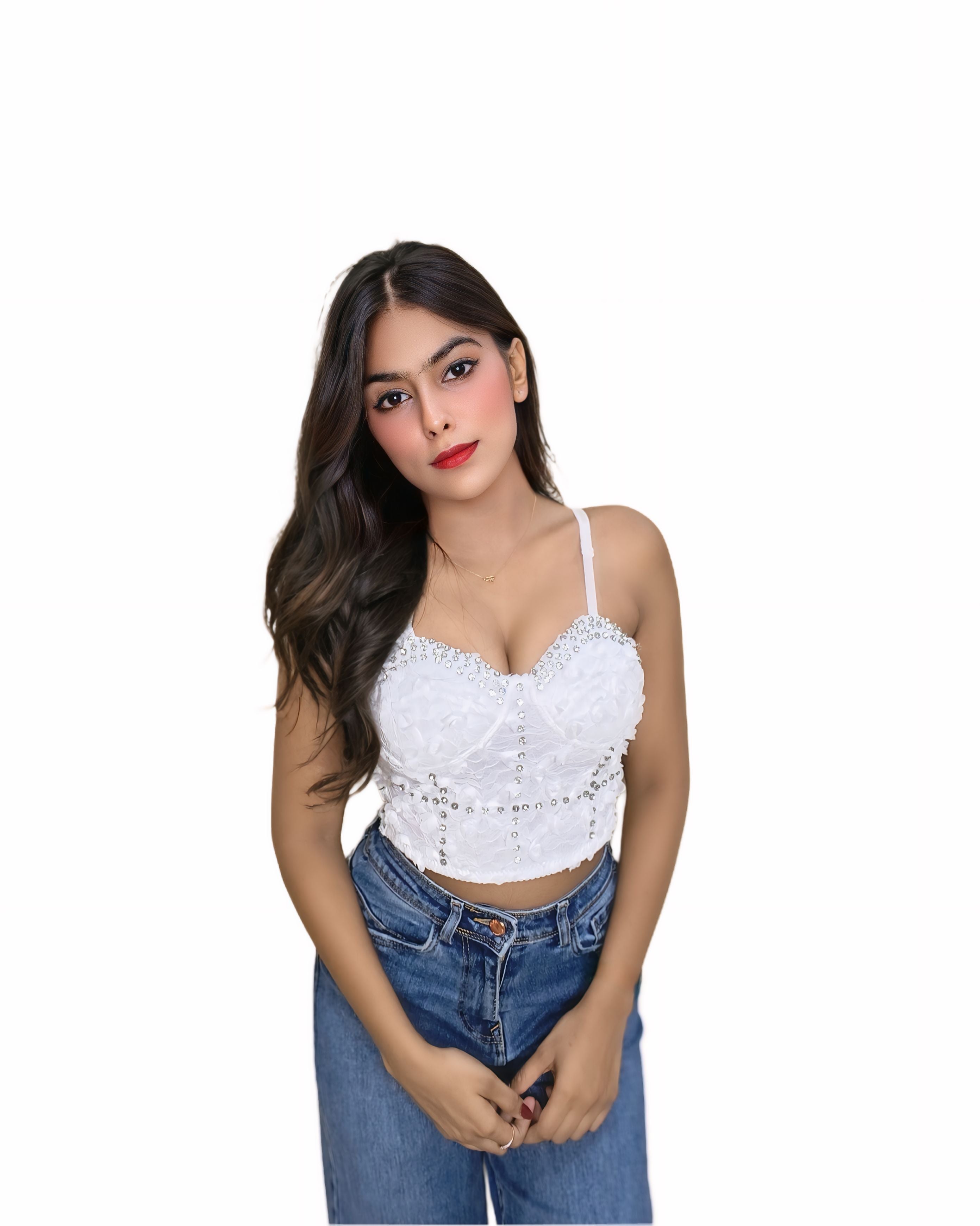 Steeve Pearl Detail Statement Top With White Feathers