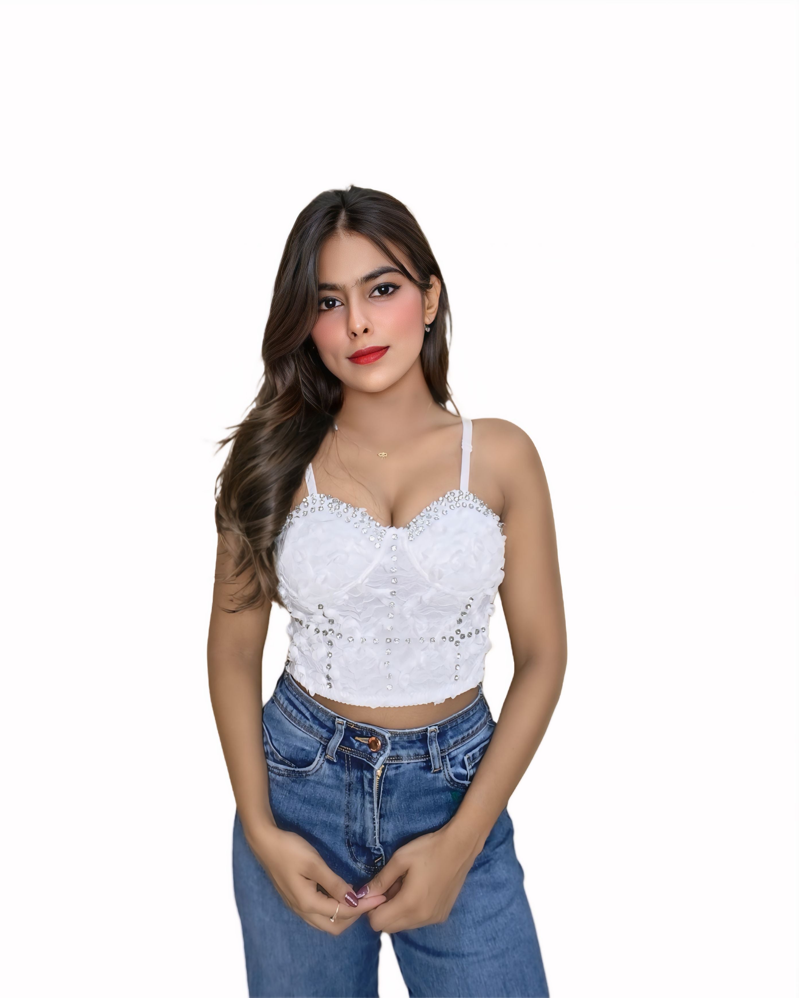 Stylish Pearls Beaded Rhinestone Bustier White Crop Top