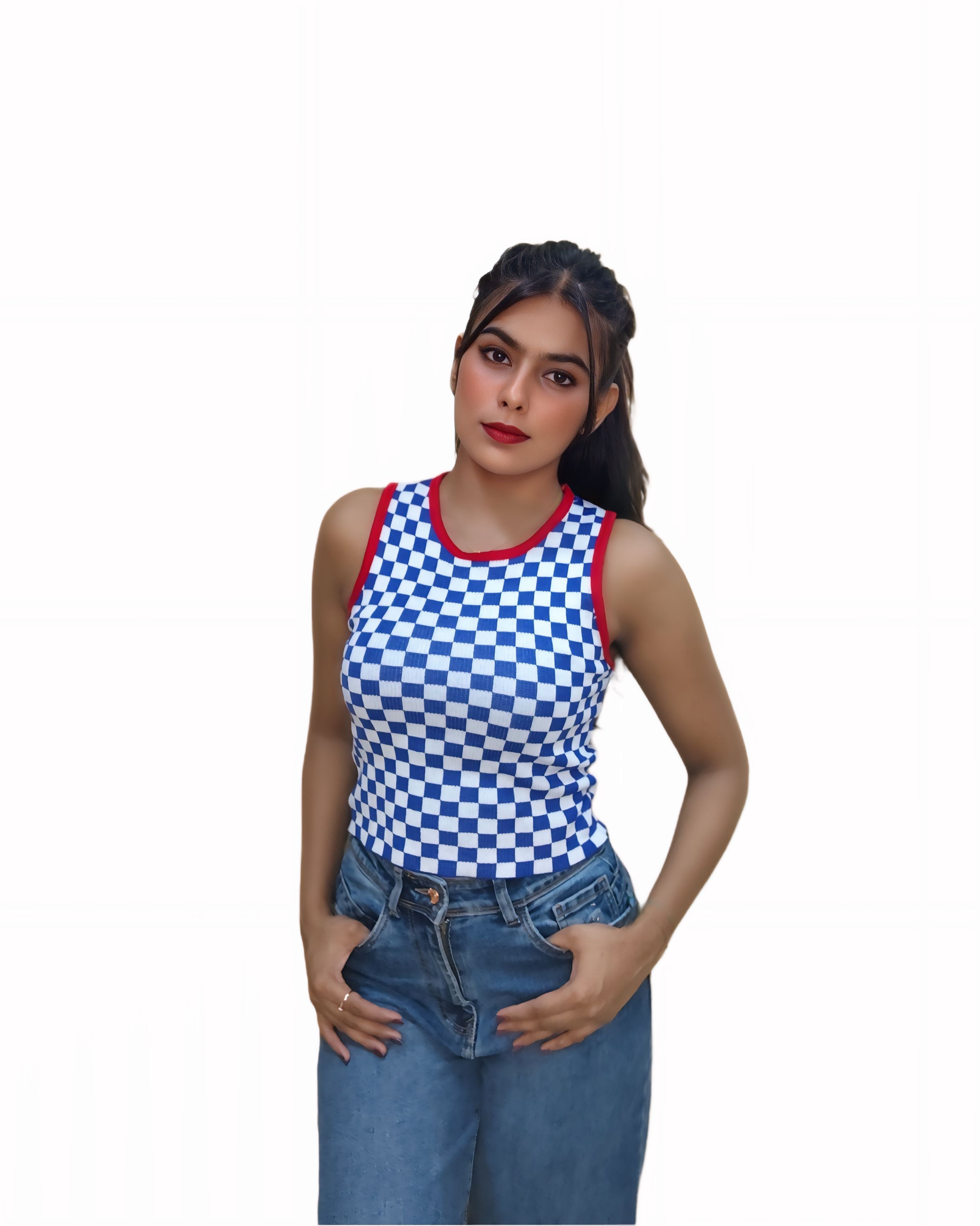 Womens Sleevesless Blue White Checked Top with Red Lace Border