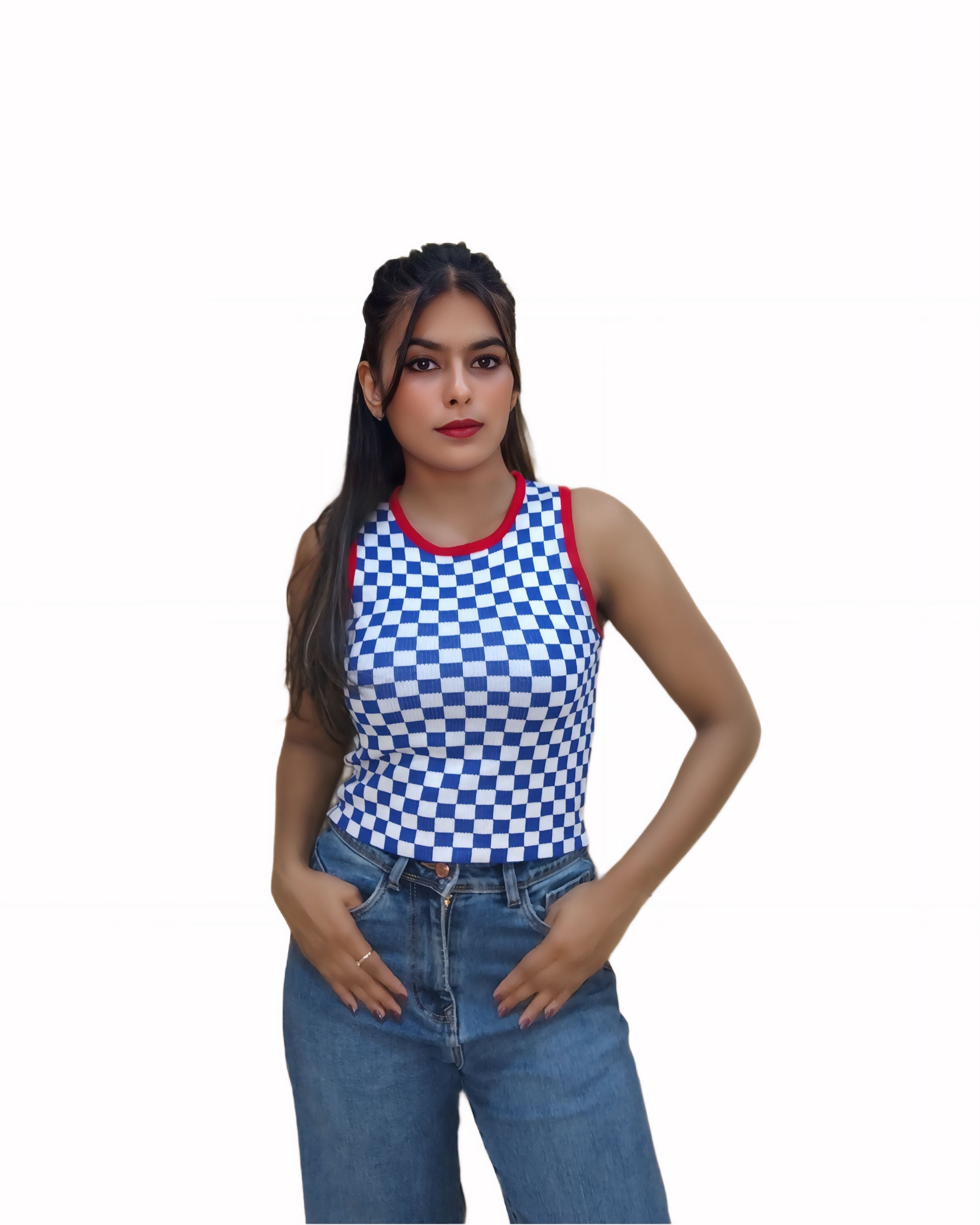 Womens Sleevesless Blue White Checked Top with Red Lace Border