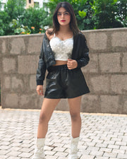 Stylish Pearls Beaded Rhinestone Bustier White Crop Top