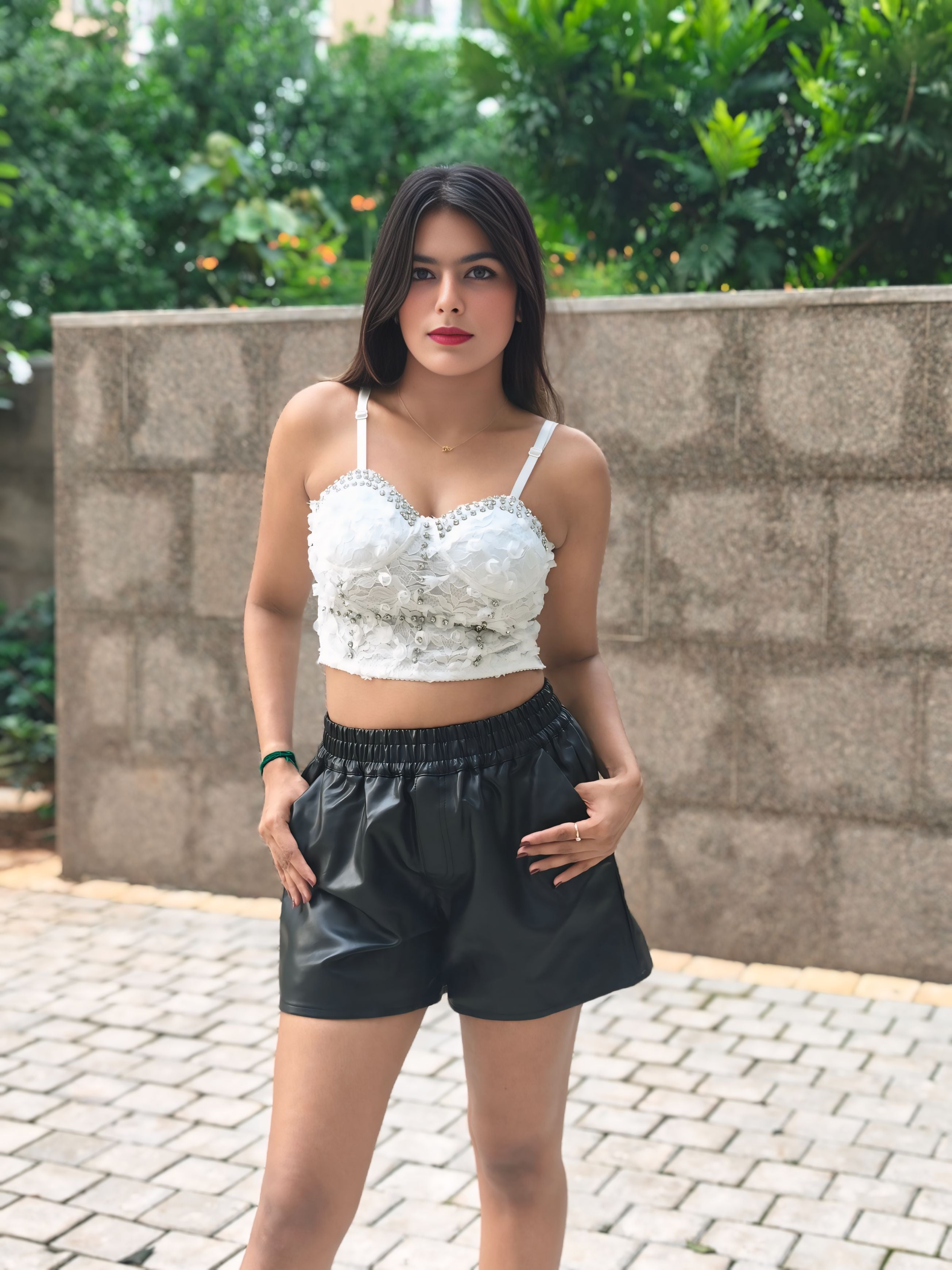 Stylish Pearls Beaded Rhinestone Bustier White Crop Top