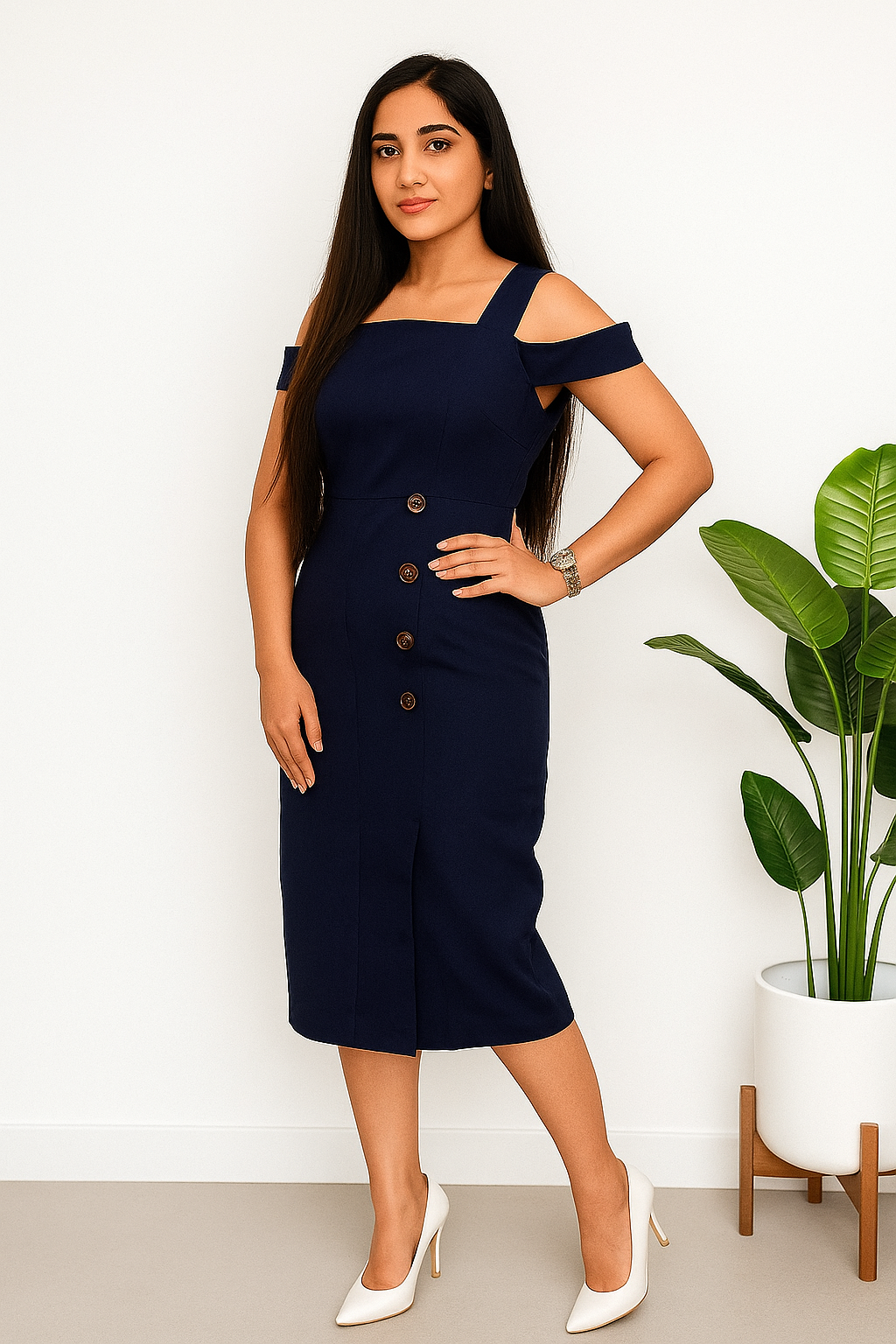 Voxelle Navy Blue Cold Shoulder Button Down Dress