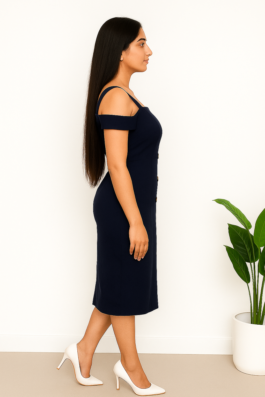 Voxelle Navy Blue Cold Shoulder Button Down Dress