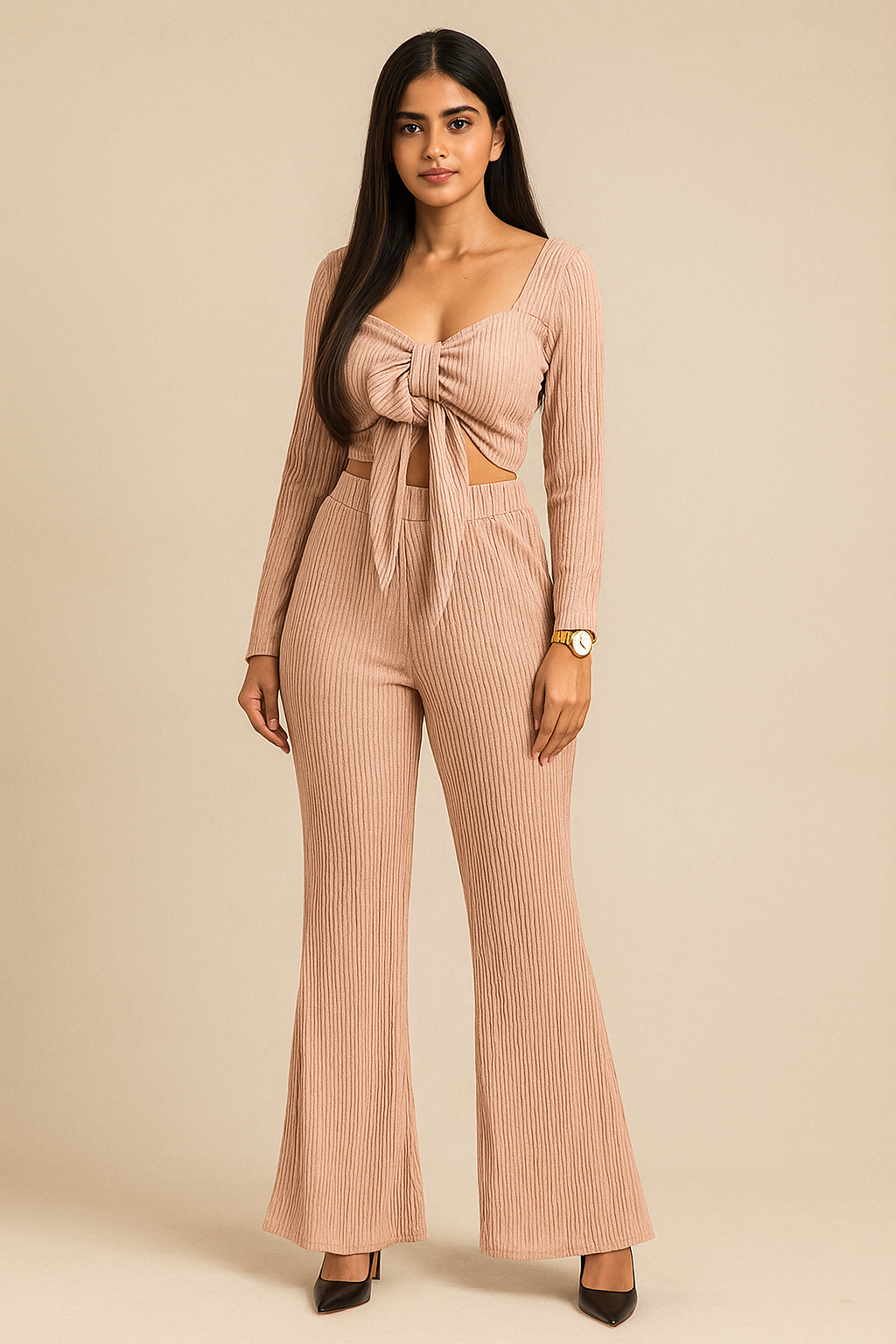 Voxelle Beige Ribbed Cord-Set for Women