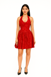 Voxelle Red Floral Jacquard Halter Mini Dress