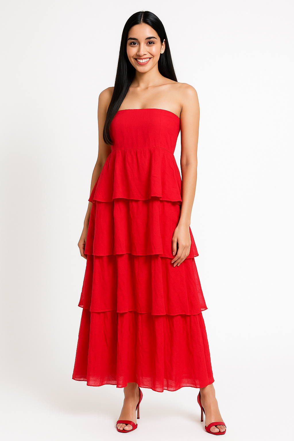 Red Tiered Tube Maxi Dress