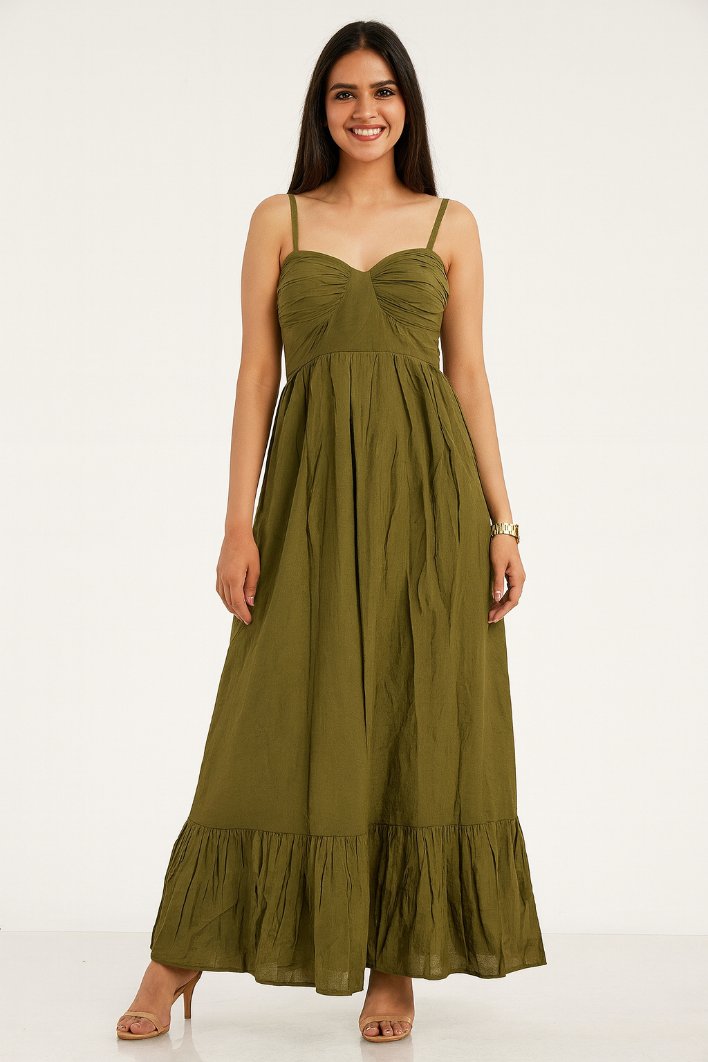 Voxelle Olive Green Maxi Dress for Women Ruched Bust, Spaghetti Straps & Tiered Hem