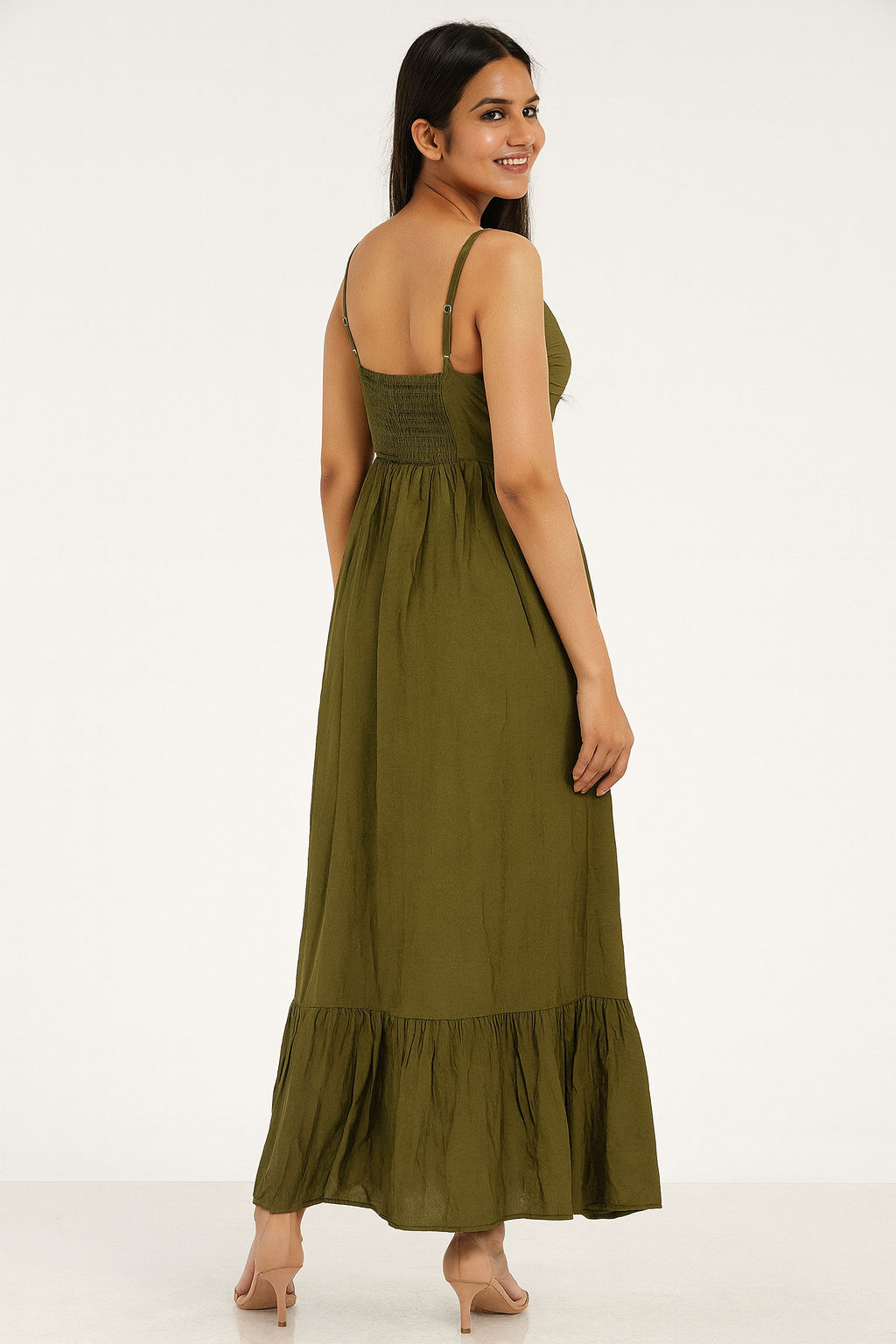 Voxelle Olive Green Maxi Dress for Women Ruched Bust, Spaghetti Straps & Tiered Hem
