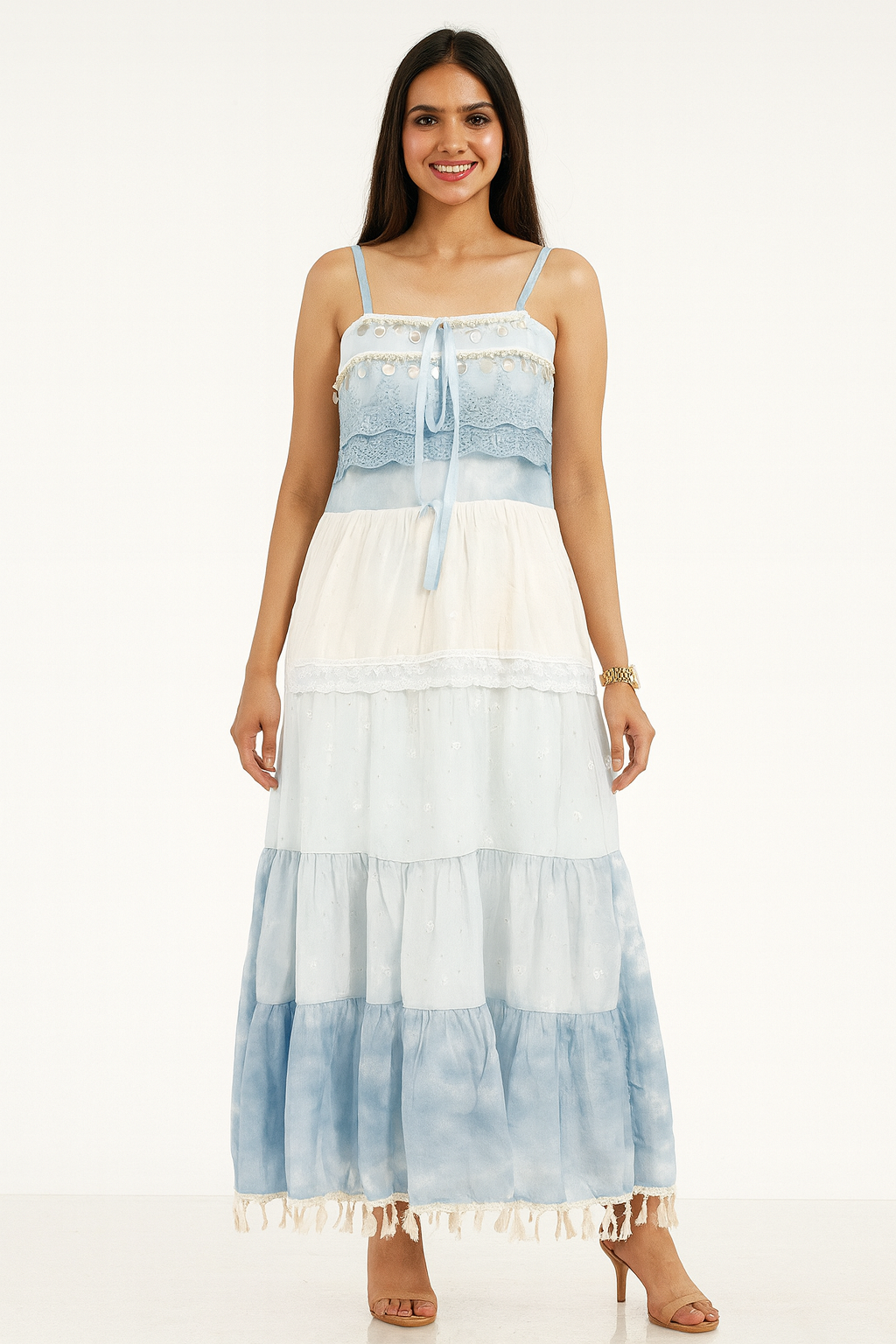 Voxelle Bohemian Tiered Maxi Dress with Tassel Hem for Women
