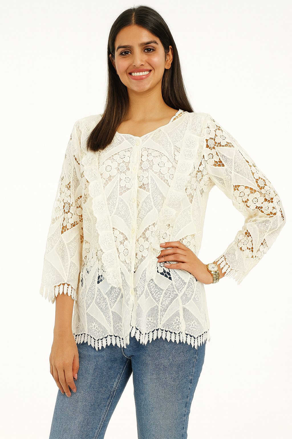 Voxelle White Lace Long Sleeve Top for Women