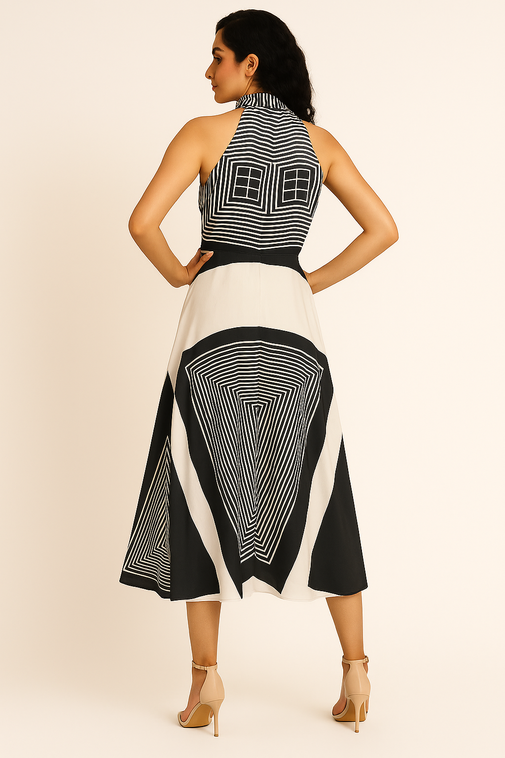 Voxelle Black & White Geometric Print Sleeveless Midi Dress for Women