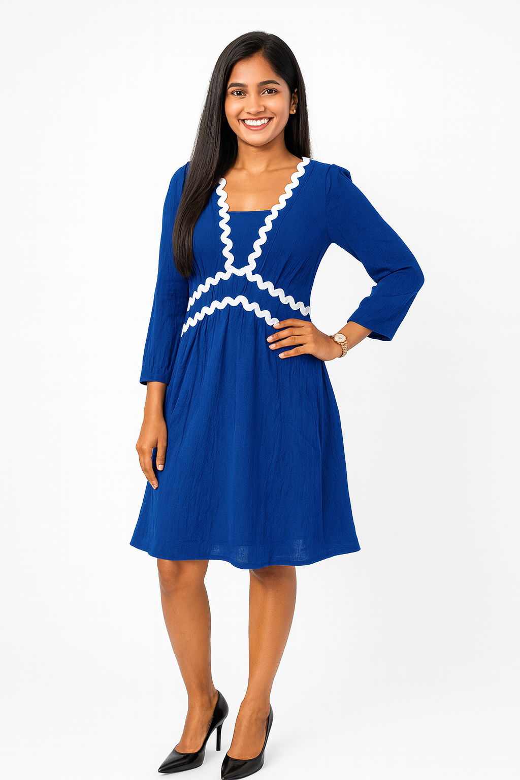 Voxelle Royal Blue Boho Chic Empire Waist Dress with White Trim voxelle Voxelle Royal Blue Boho Chic Empire Waist Dress with White Trim voxelle