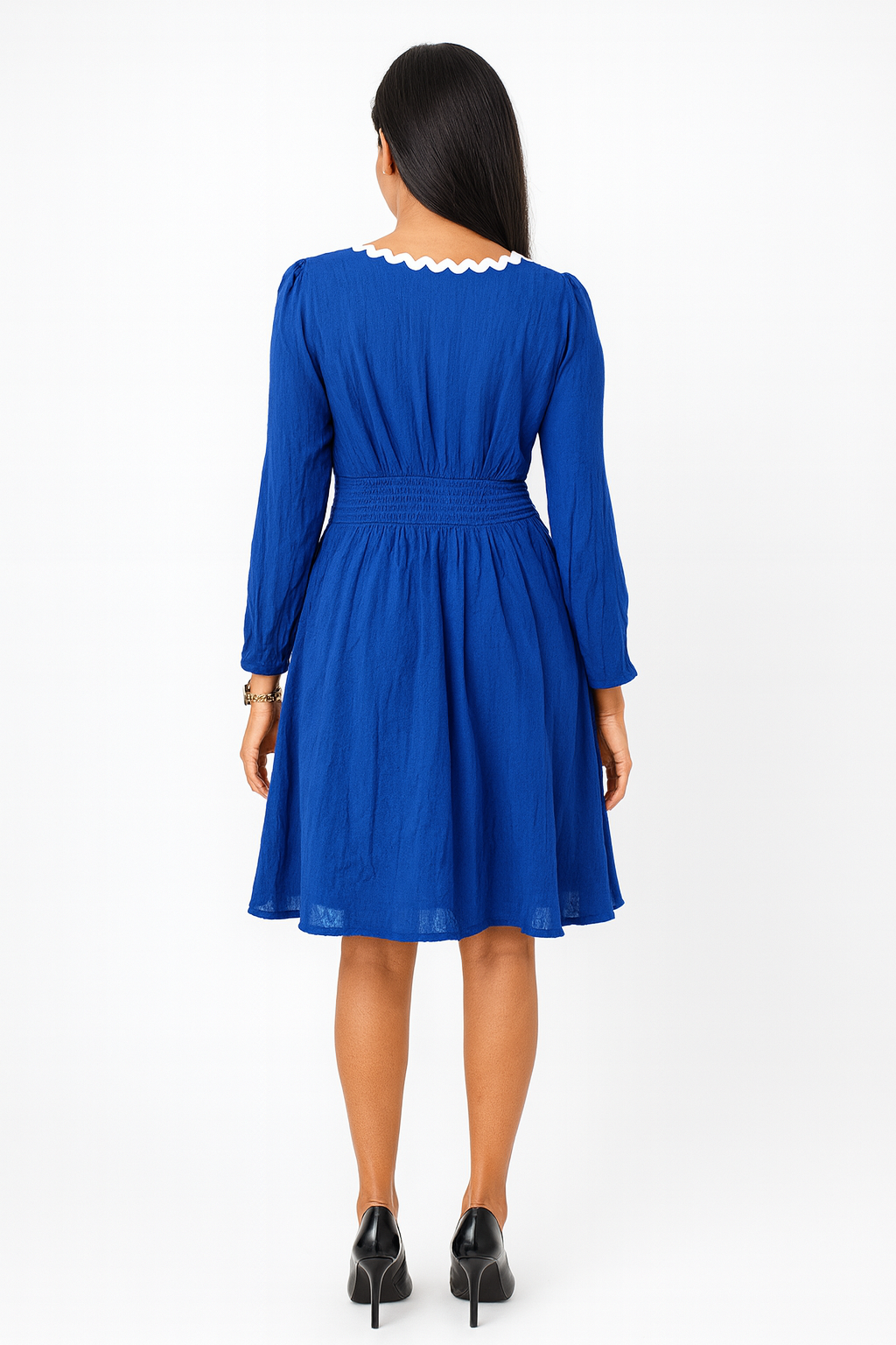 Voxelle Royal Blue Boho Chic Empire Waist Dress with White Trim