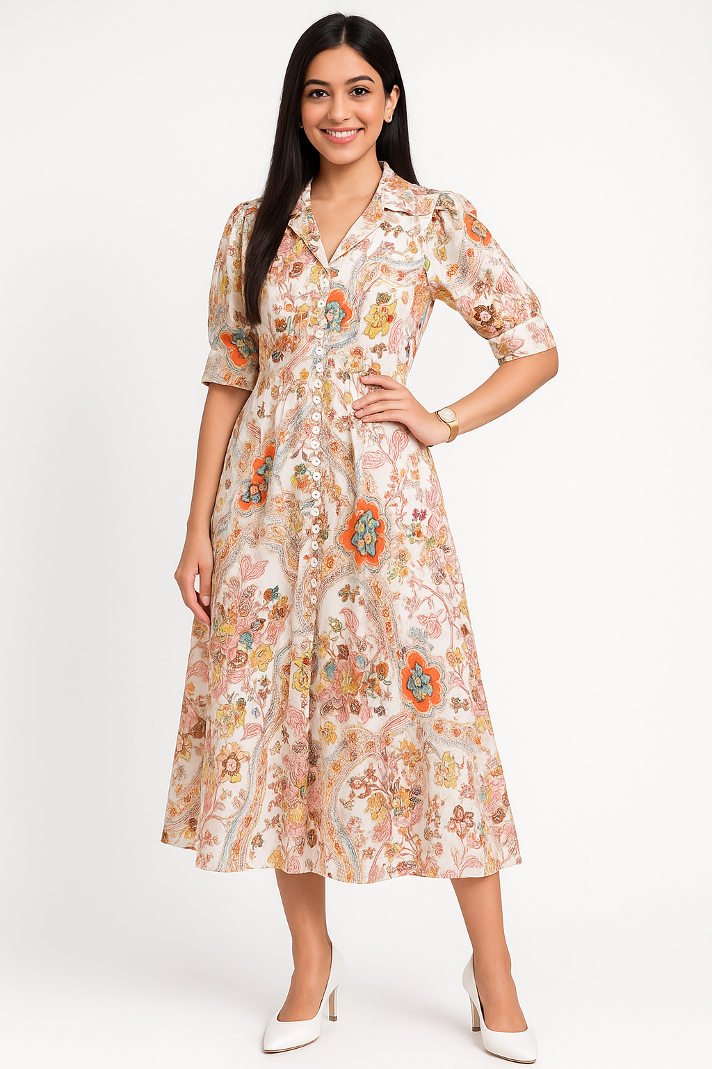 Voxelle Floral Print V-Neck Midi Dress with Puff Sleeves