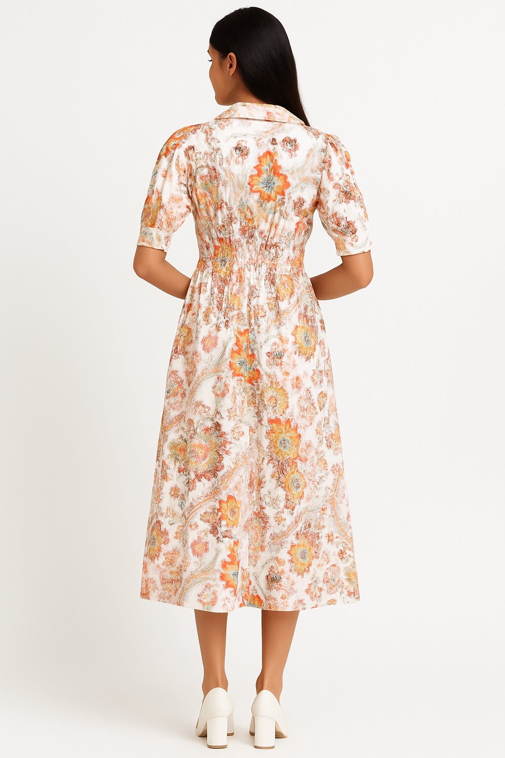 Voxelle Floral Print V-Neck Midi Dress with Puff Sleeves