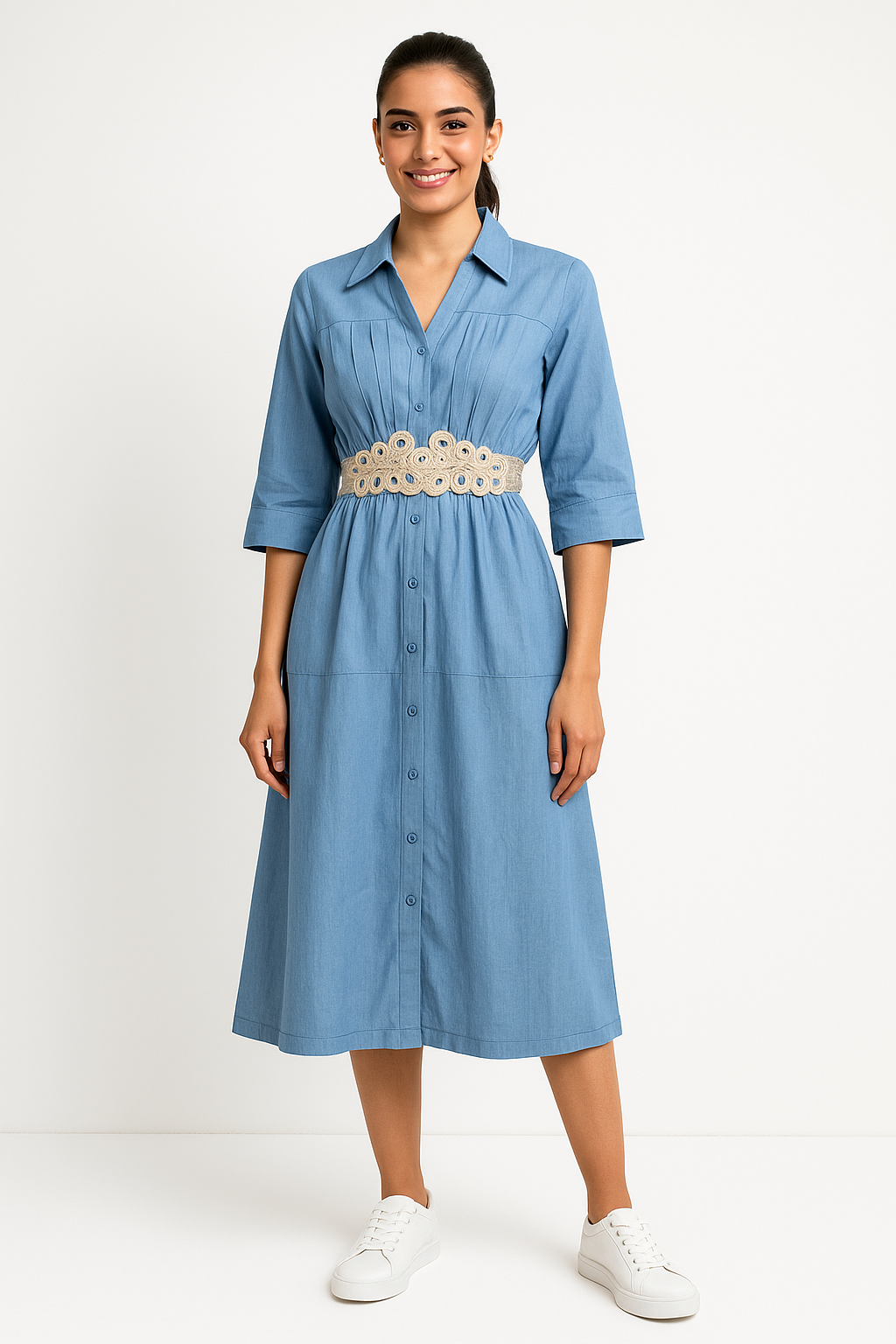 Voxelle Blue Collared Shirt Dress with Pleated Waist