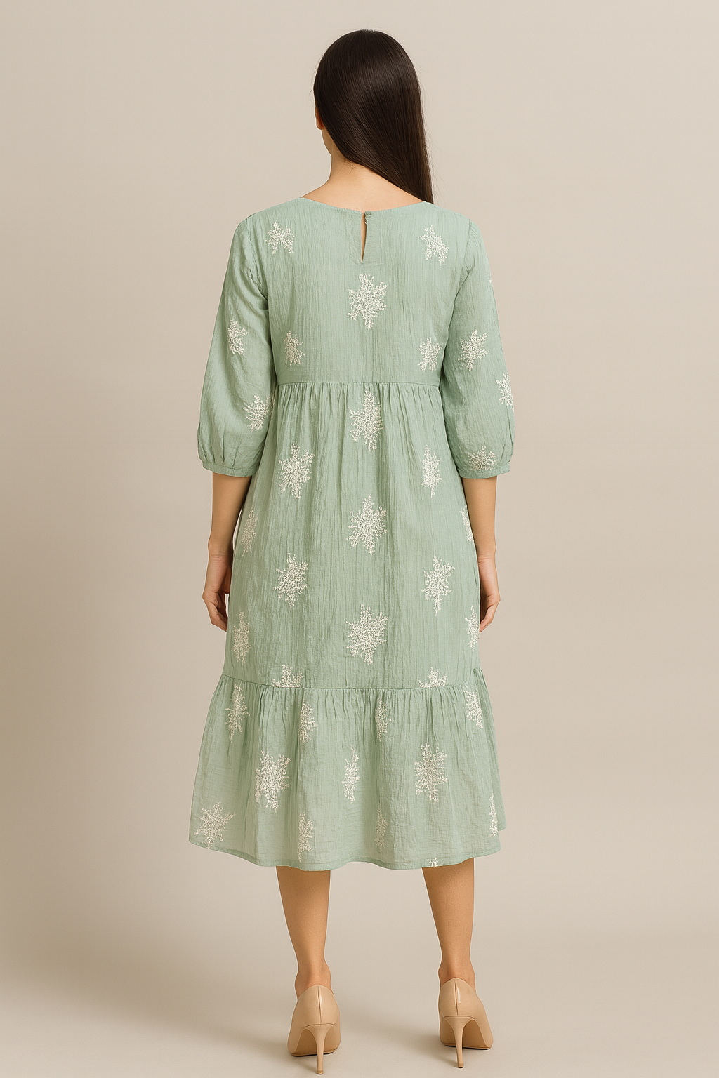 voxelle Mint Green Embroidered Cotton Midi Dress for Women