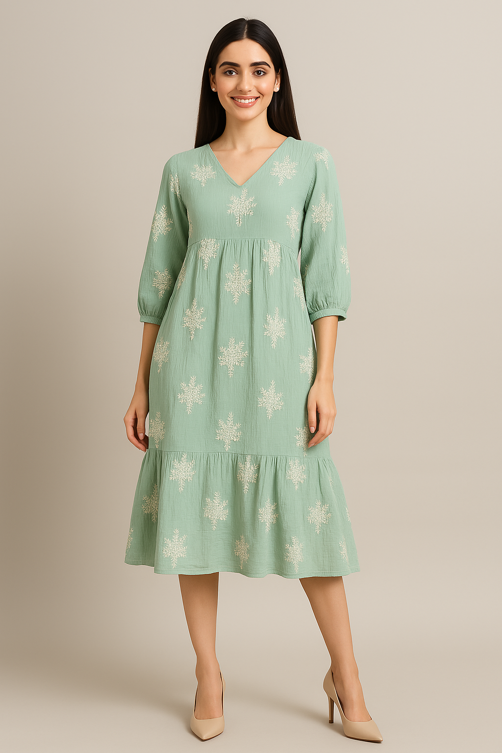 voxelle Mint Green Embroidered Cotton Midi Dress for Women