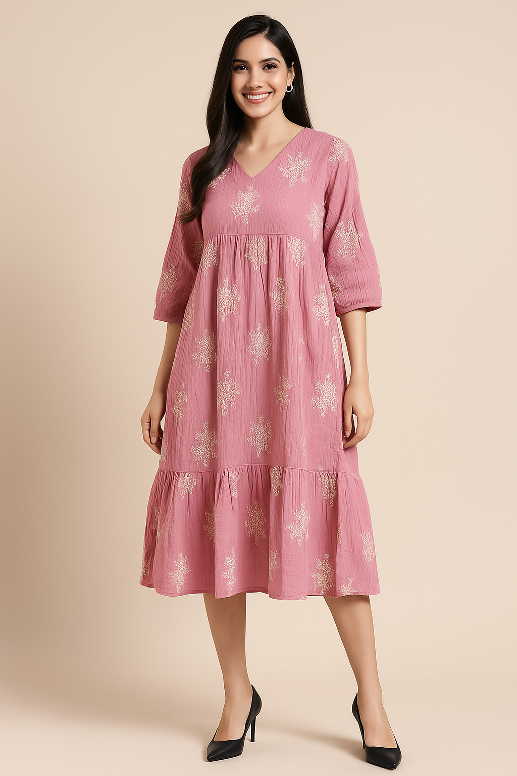 Voxelle Dusty Pink Embroidered Cotton Midi Dress for Women