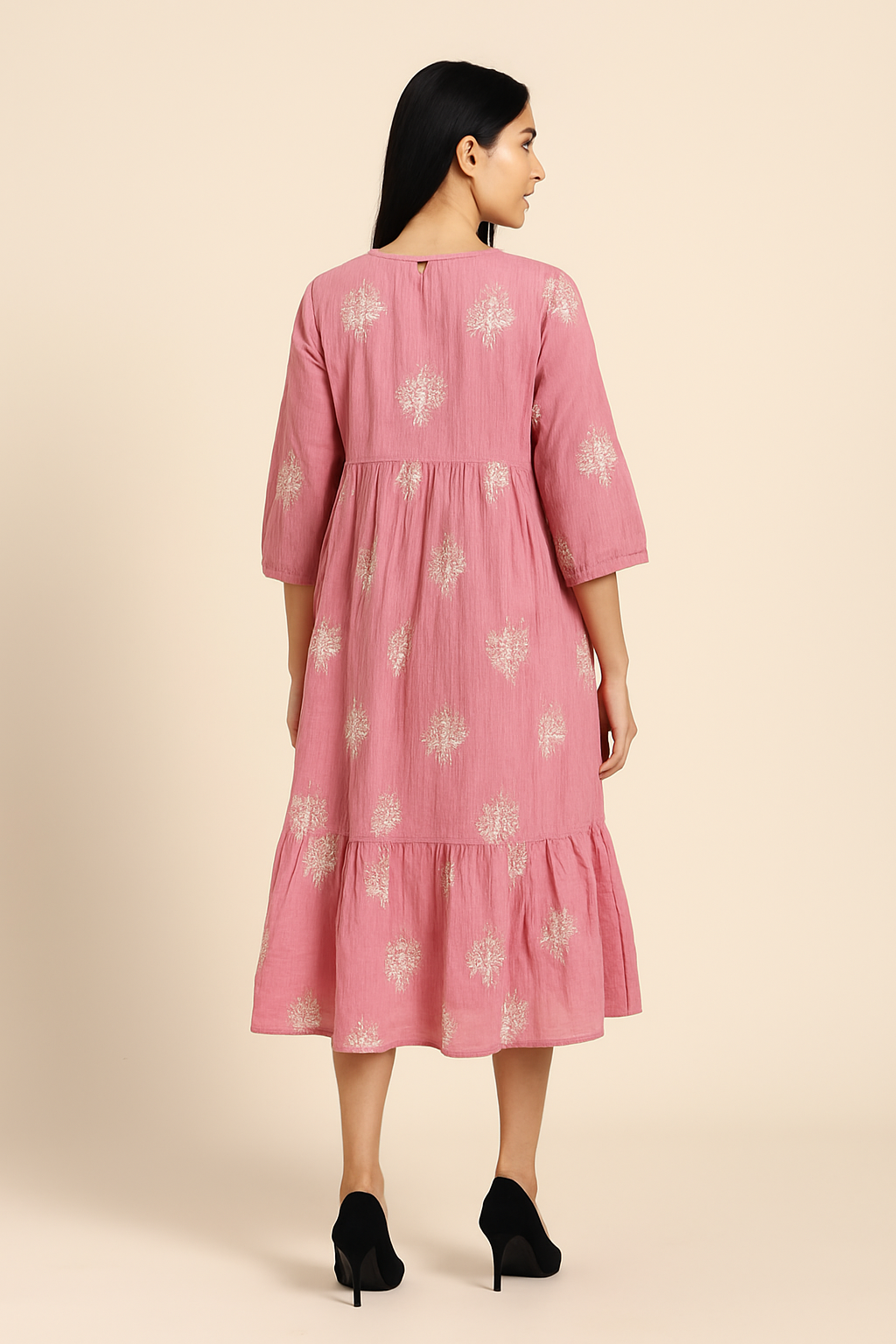 Voxelle Dusty Pink Embroidered Cotton Midi Dress for Women