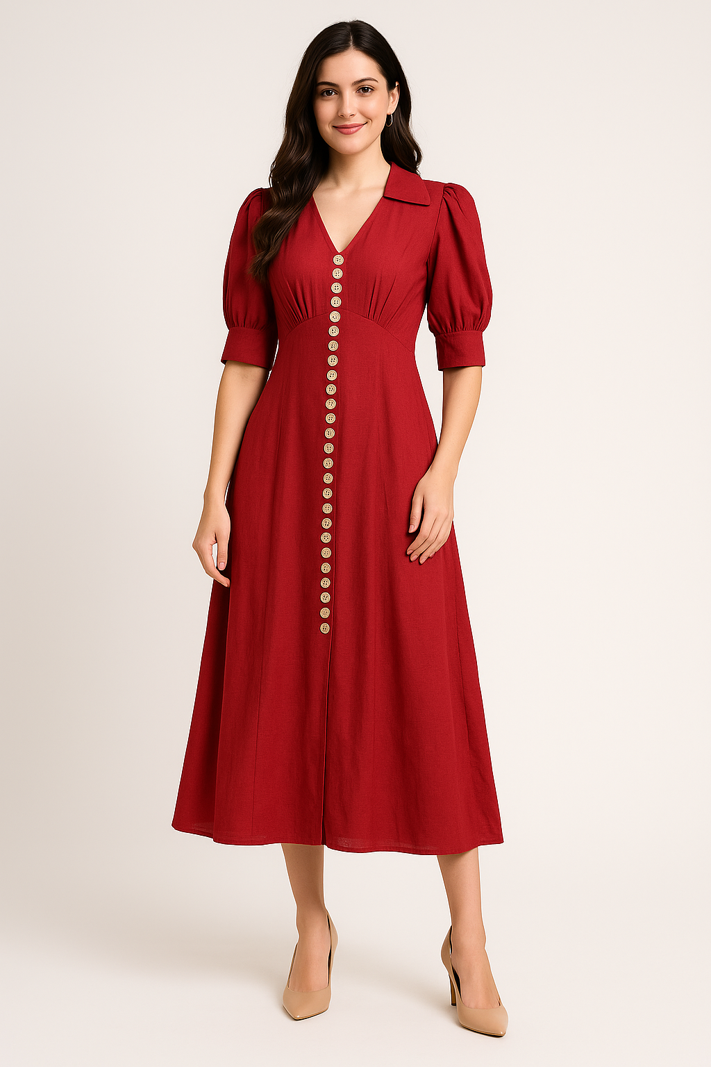 Voxelle Scarlet Red Button-Down Puff Sleeve Midi Dress