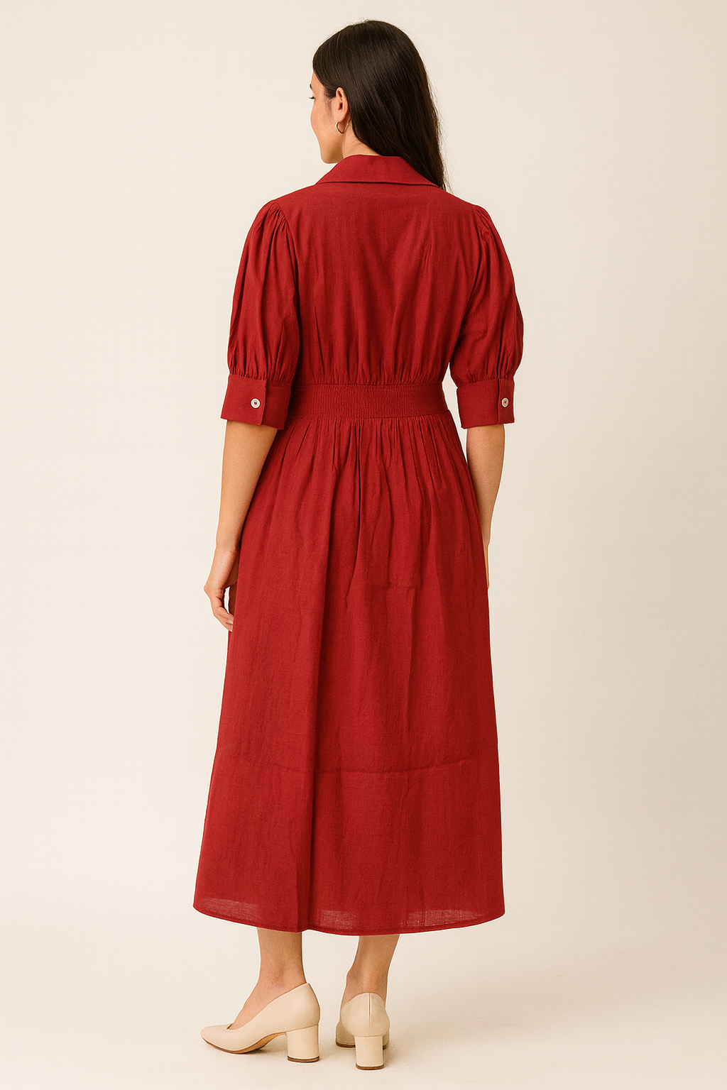 Voxelle Scarlet Red Button-Down Puff Sleeve Midi Dress