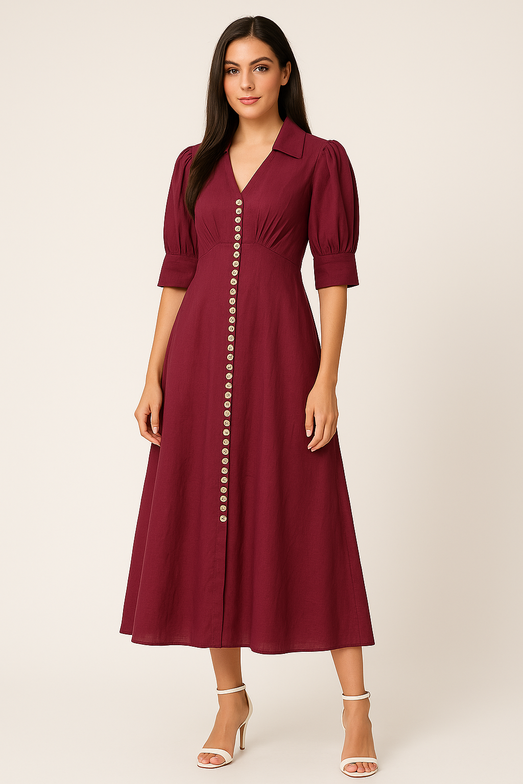 Voxelle Maroon Button-Down Puff Sleeve Midi Dress