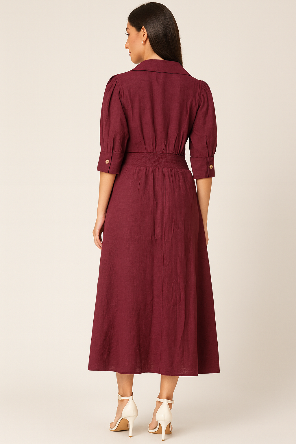 Voxelle Maroon Button-Down Puff Sleeve Midi Dress
