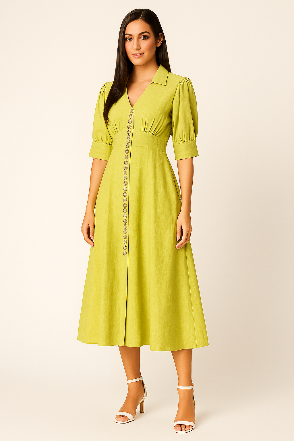 Voxelle Women’s Lime Green Button-Down Collared Midi Dress