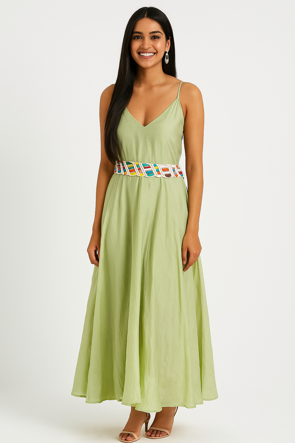 Voxelle V-neckline Maxi Dress With a Multicolored Belt Around The Waist