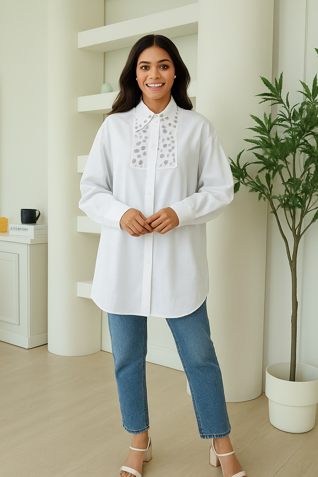 Womens White Embellished Colar Oversize Shirt