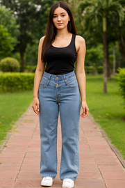 Belted Straight Leg Blue Jeans