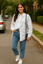 Womens White Embellished Colar Oversize Shirt