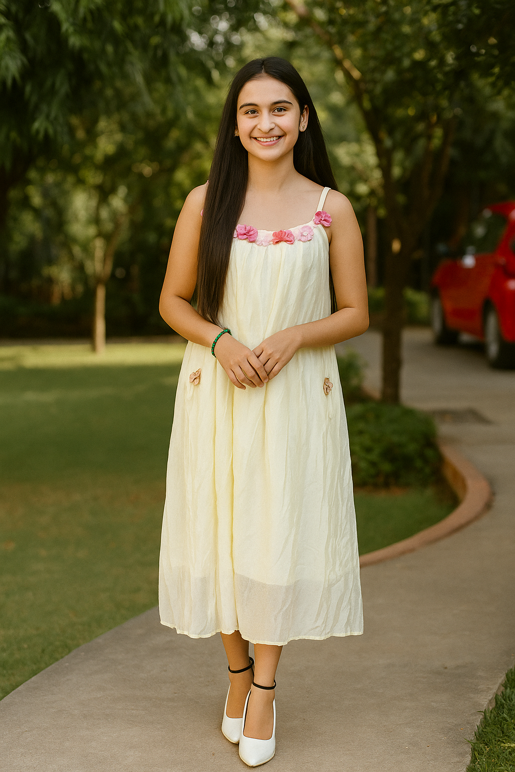 Cotton Strap Dress With 3d Floral