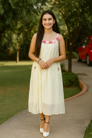 Cotton Strap Dress With 3d Floral