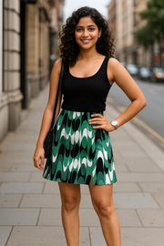 Green black white printed side split mini skirt