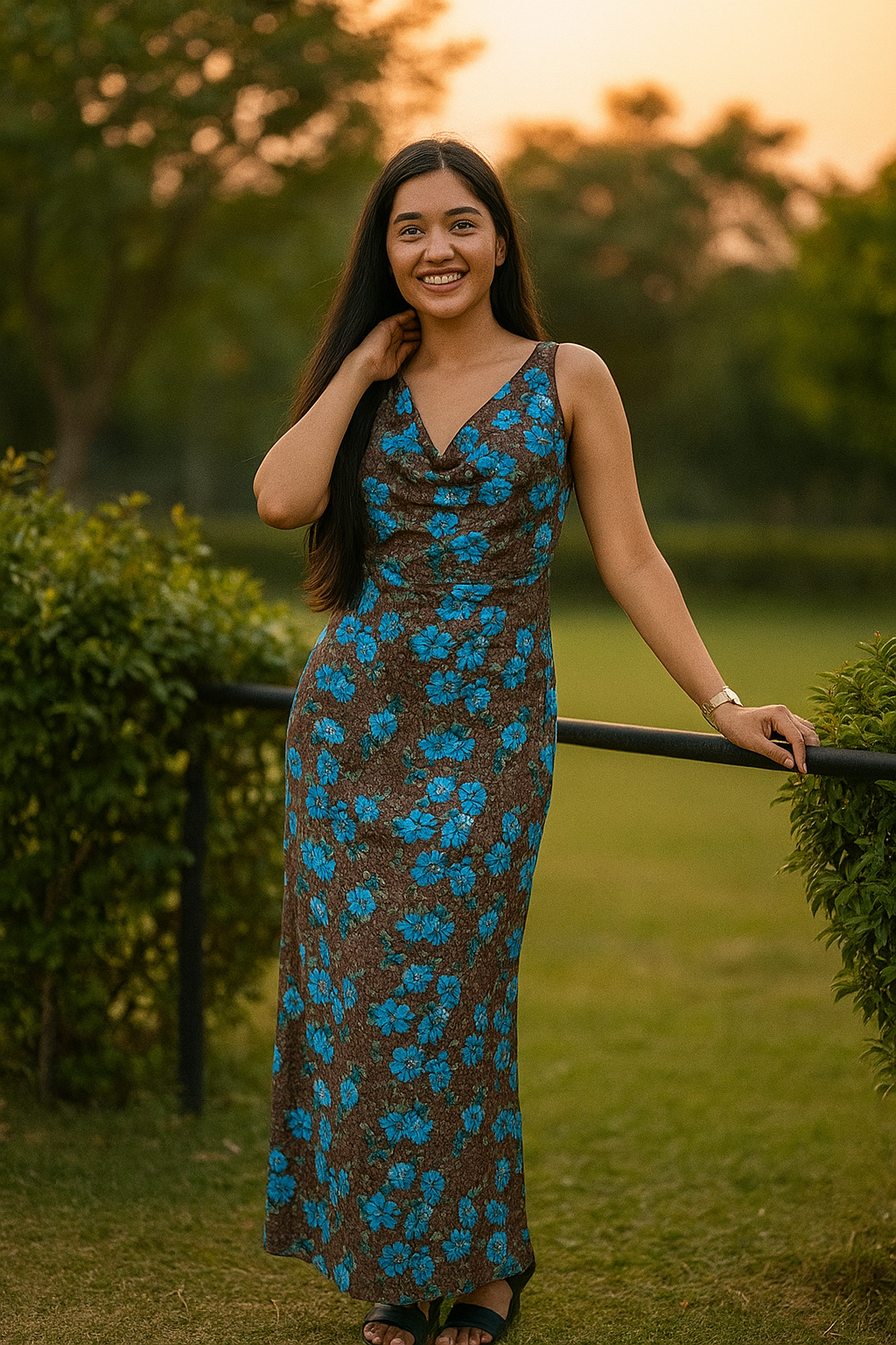 Cowl Neckline Solid Ruched Brown Maxi Dress