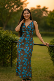 Cowl Neckline Solid Ruched Brown Maxi Dress