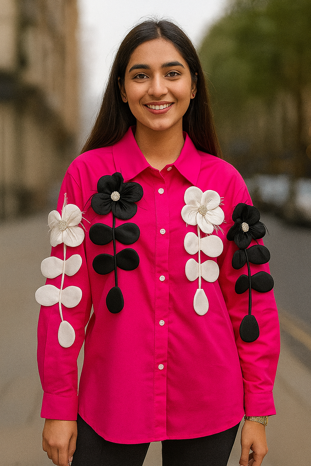 Full Sleeves Pink Shirt with Rimestone Flowers
