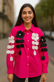 Full Sleeves Pink Shirt with Rimestone Flowers