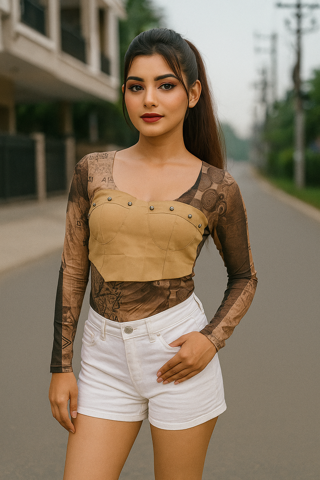 Khaki Mesh Full Sleeve Crop Top