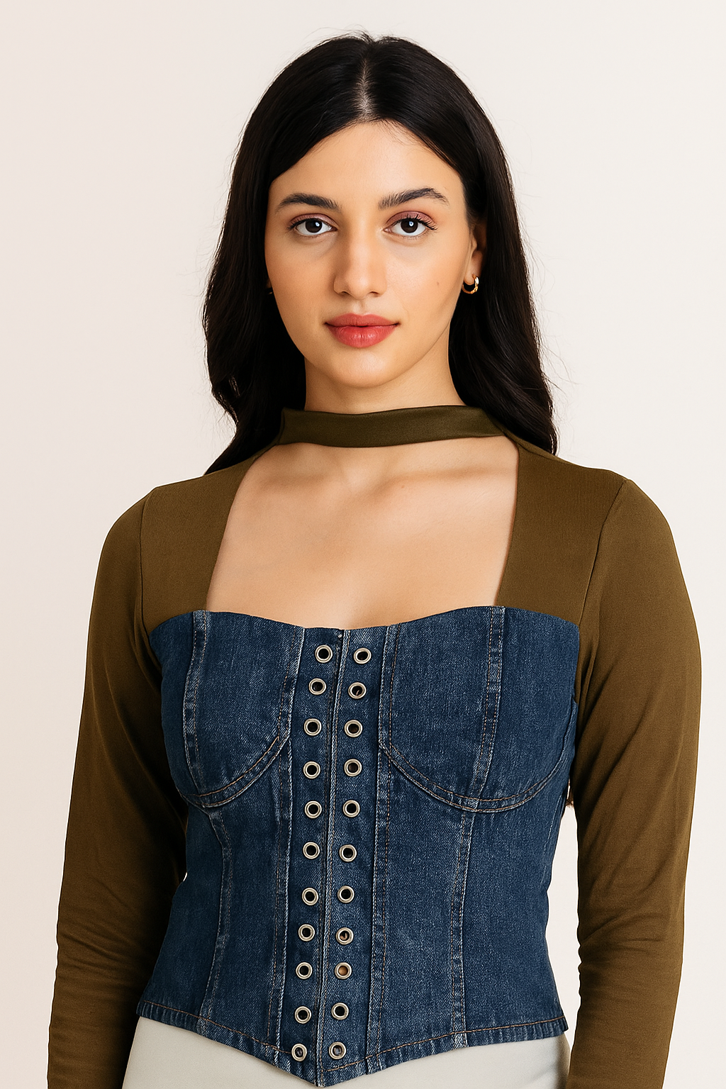 Full Sleeve Half Mesh Half Denim Crop Top