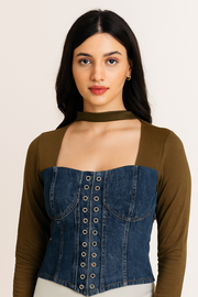 Full Sleeve Half Mesh Half Denim Crop Top