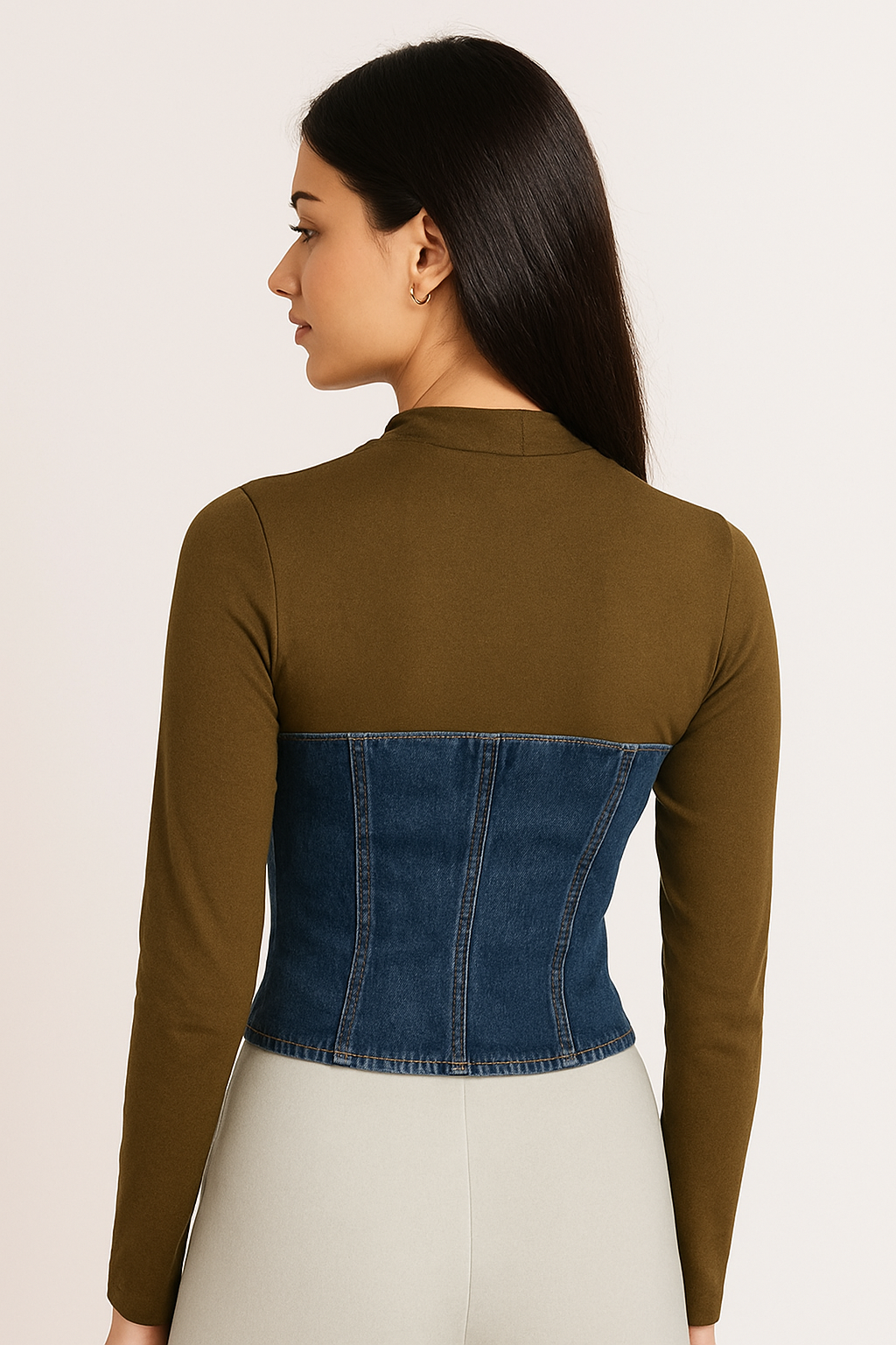 Full Sleeve Half Mesh Half Denim Crop Top