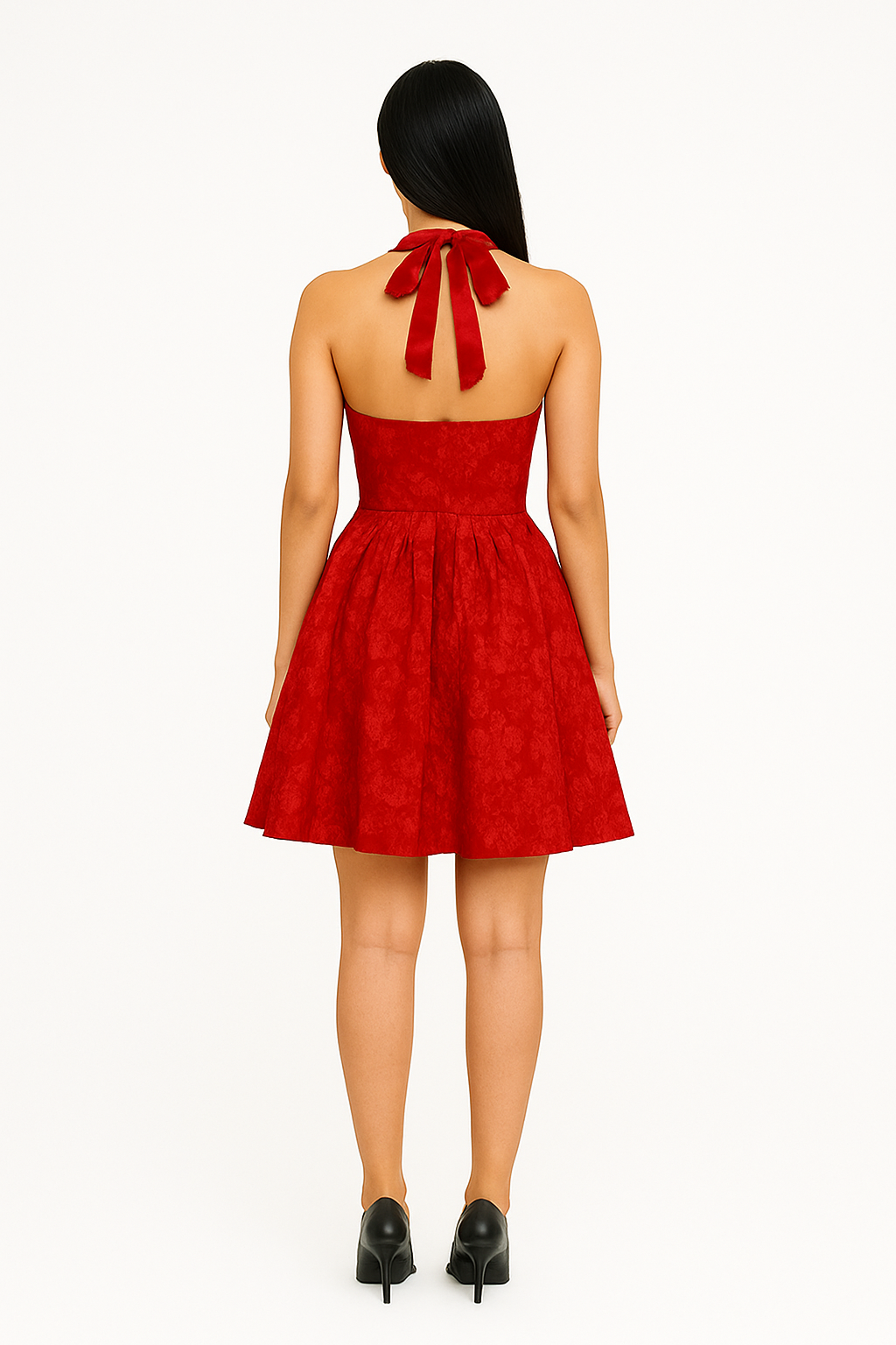 Voxelle Red Floral Jacquard Halter Mini Dress