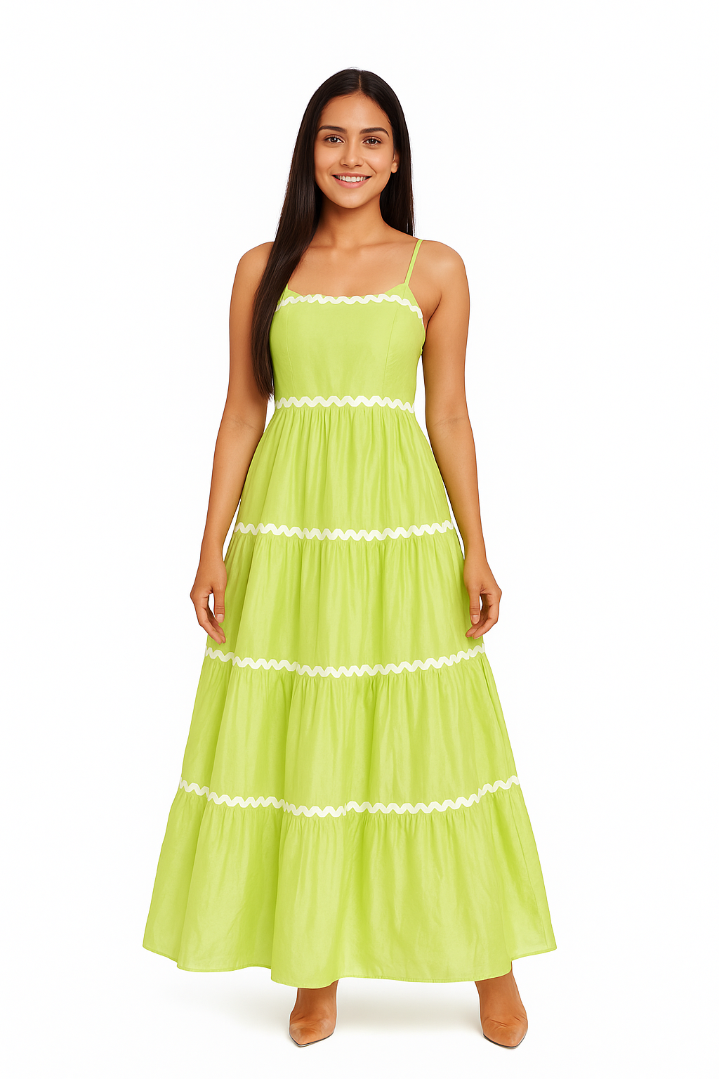 Spaghetti Strap A-line long light Green Dress