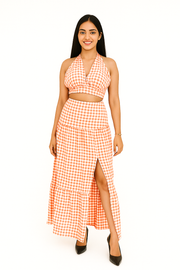 Voxelle Gingham Twist Top And With Side Cut Skirt